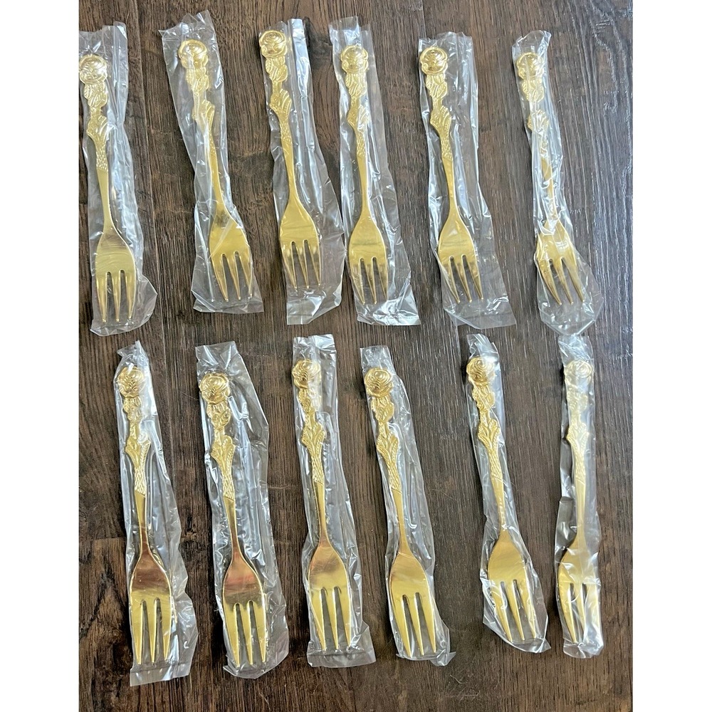 Vintage Flatware Set Gold Plated Romantic Rose Dessert 28 Pc EP SS Japan NOS - Picture 3 of 10